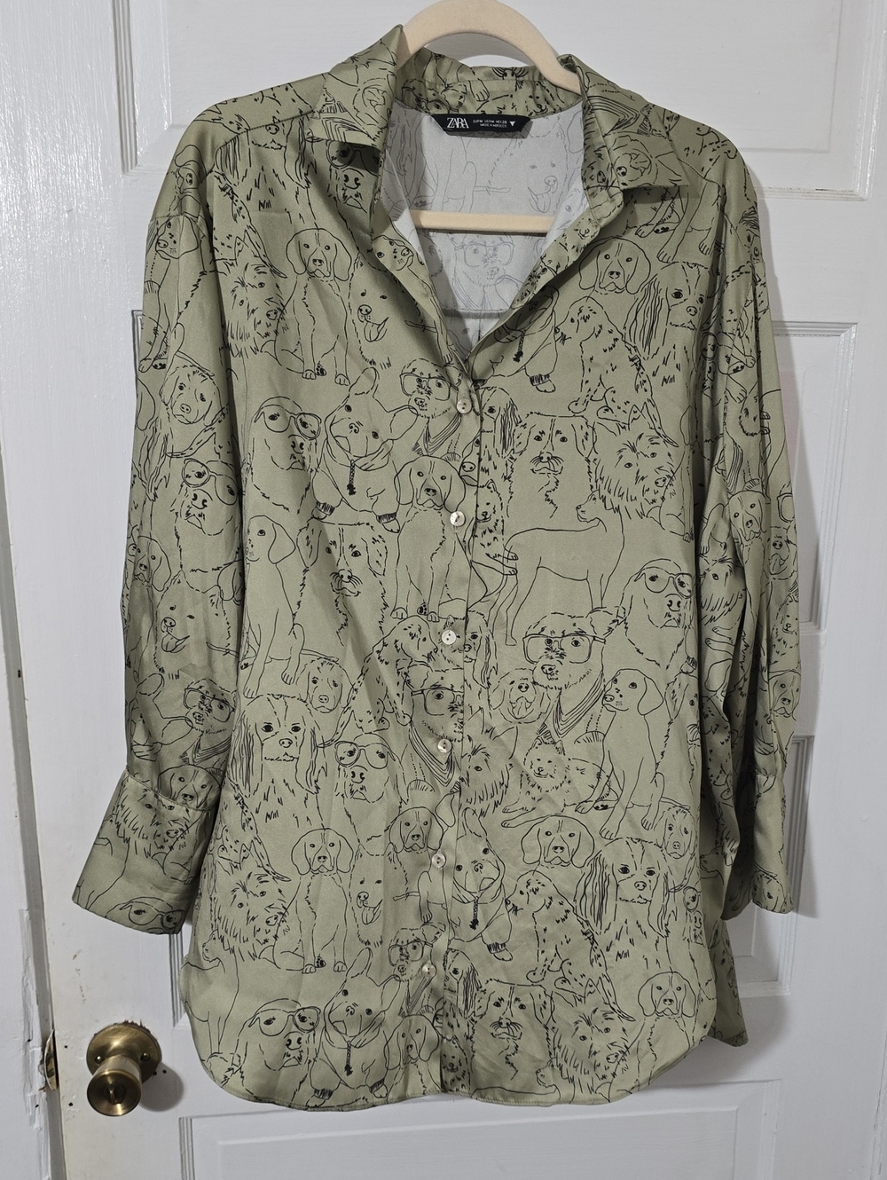Zara Women’s Light Olive Dog-Print Button-Up Shirt Jacket
